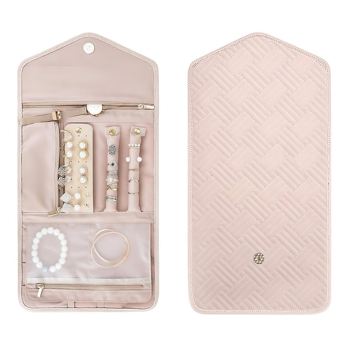 TxufrDo Travel Jewelry Case Organizer Roll Foldable Jewelry Case for Journey-Rings Necklaces Earrings Bracelets Brooches Portable Travel Essentials Pink