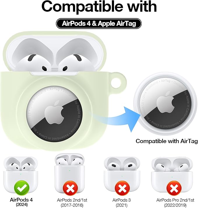 2 in 1 Silicone Case Compatible with AirPod 4 and AirTag, Shockproof Protective Skin Cover for AirPods 4th Generation with Cleaner Kit & Carabiner (Glow Green)