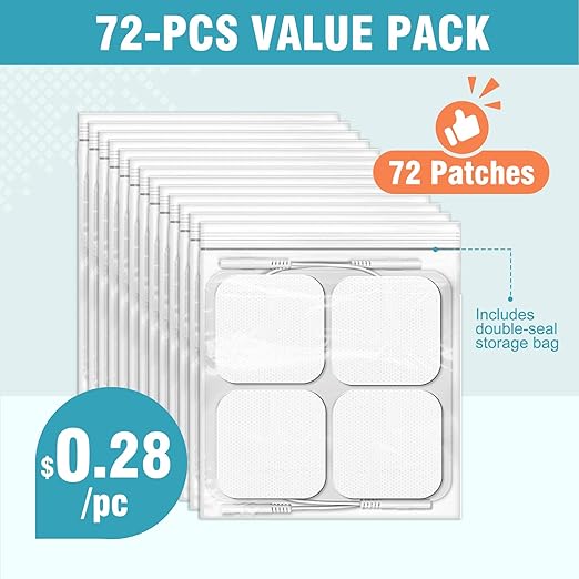 72-Pack TENS Unit Pads (2"x2"), Reusable Self-Adhesive Electrodes Pads with 0.2mm Connector, Latex-Free, Hypoallergenic & Compatible with TENS/EMS