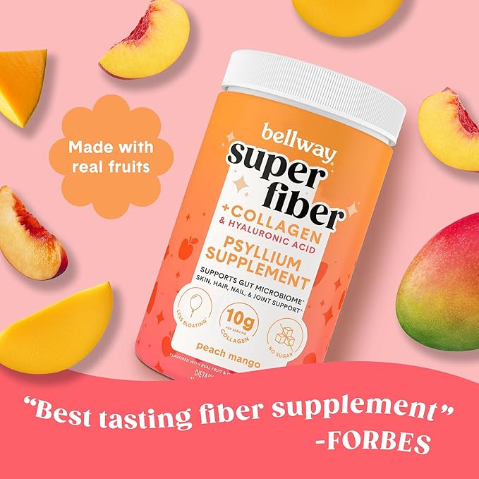Bellway Super Fiber Powder + Collagen, Sugar-Free Psyllium Husk Powder with Collagen Peptides and Hyaluronic Acid for Digestive Health, Healthy Skin, Nails, Bones & Joints, Peach Mango (20 Servings)