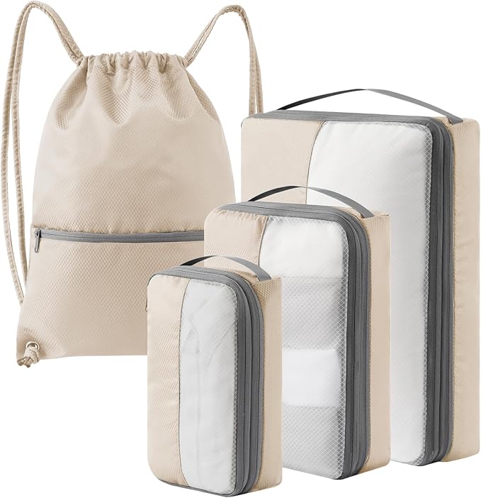 4 Set Compression Packing Cubes for Travel, Bonus Versatile Drawstring Backpack, Lightweight Luggage Organizer Bags, Sturdy Travel Accessories for Suitcase, Beige