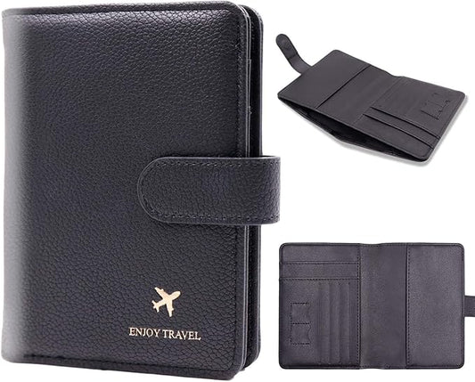 Cnycmy Passport Holder with RFID Blocking, Cash Pocket & Back Zipper Coin Pocket - Travel Document Holder, Magnetic Button, Multiple Card Slots - Soft PU Leather for Men and Women (BLACK)