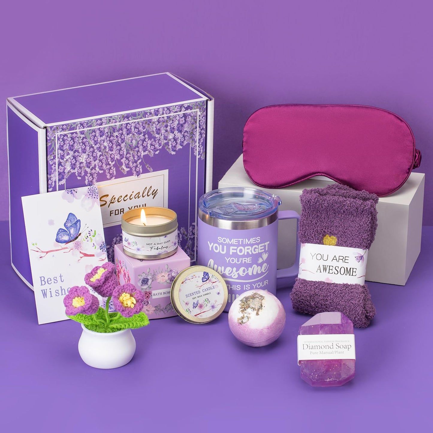 Gifts Basket for Women & Teen Girls Purple Relaxing Bath Gifts Basket Set Birthday Gifts Ideas for Women Relaxing Spa Gifts Self Care Gifts Box for Female Friends Gift