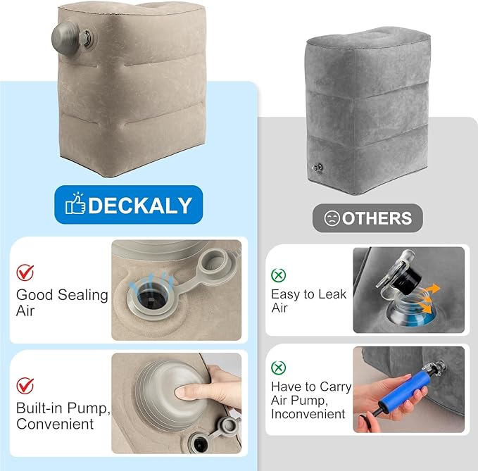 Inflatable Travel Foot Rest Pillow, 2 Pack Airplane Foot Rest Pillows, Portable Inflatable Leg Rest Pillow Flights Seat Extender with Storage Bag for Plane, Car, Train (2Pack Grey)