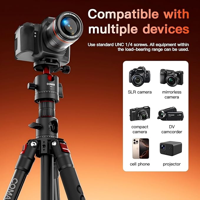 COMAN 72" Overhead Tripod, Camera Tripod with Center Column and 360 Degree Ball Head, Detachable Monopod with Arca QR Plate, Horizontal Tripod for Camera, DSLR, Max Load 5KG