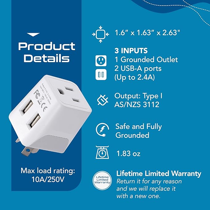 Ceptics Australia, New Zealand, China Travel Adapter Plug - Dual USB Input - Ultra Compact - USA to Type I - Perfect for Cell Phones, Chargers, Cameras, Tablets, and more (CTU-16)