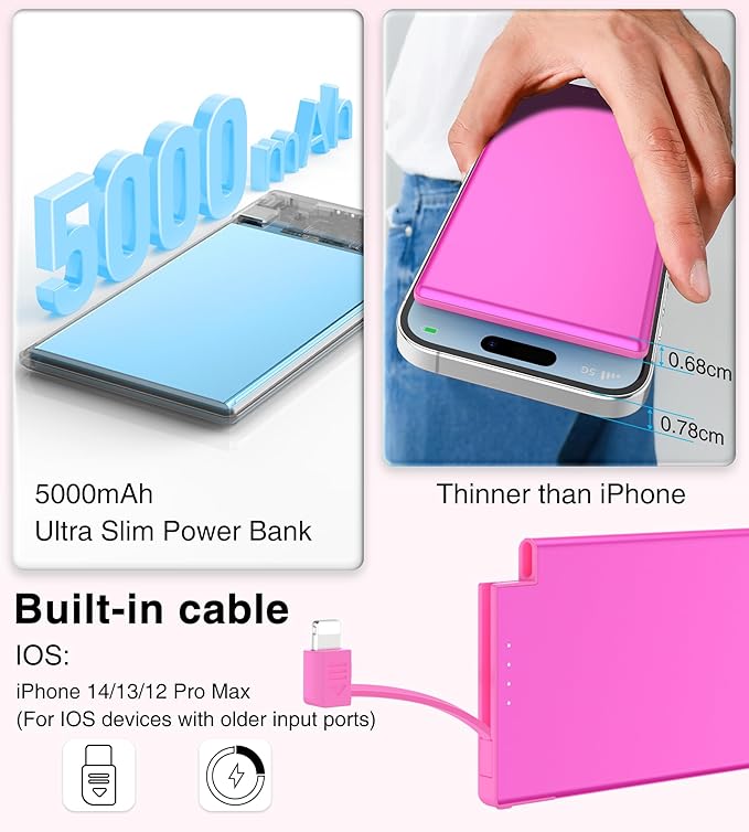 Auskang Thin Portable Charger with Built in Lightning Cable-5000mAh Slim Power Bank Compatible with iPhone 14/13/12/11/X/8/7 Pro Series(Not for iPhone 15 Series) -Thin Battery Pack for Travel