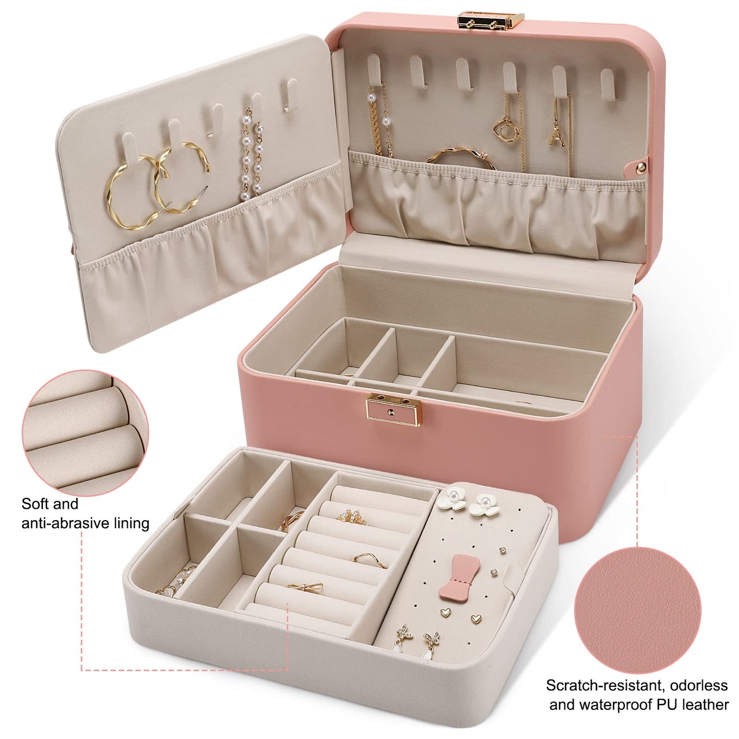 KAMIER Jewelry Boxes for Women, 2 Layers PU Leather Travel Jewelry Box, Large Capacity, Double Lock and Large Mirror, Hidden Necklace Hooks, Removable Dividers, Gift Box Packaging, Pink