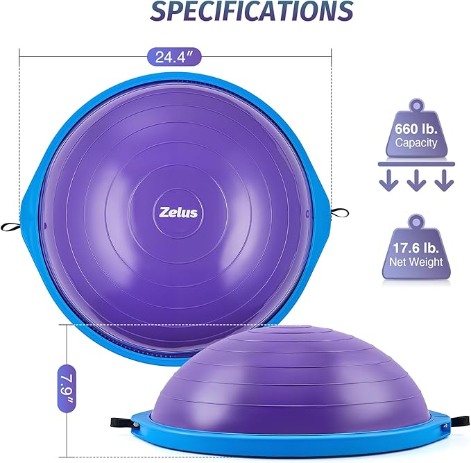 ZELUS 25in. Balance Ball | 660lb Inflatable Half Exercise Ball Wobble Board Balance Trainer w Nonslip Base | Half Yoga Ball Strength Training Equipment w 2 Bands, Pump, Extra Ball Included