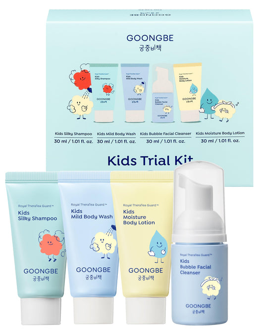 GOONGBE Kids Trial Travel Kit - Korean Low pH Skincare Set with Silky Shampoo, Body Wash, Facial Cleanser & Body Lotion - Silicone-Free Formula for Sensitive Skin, 1.01 fl.oz. each