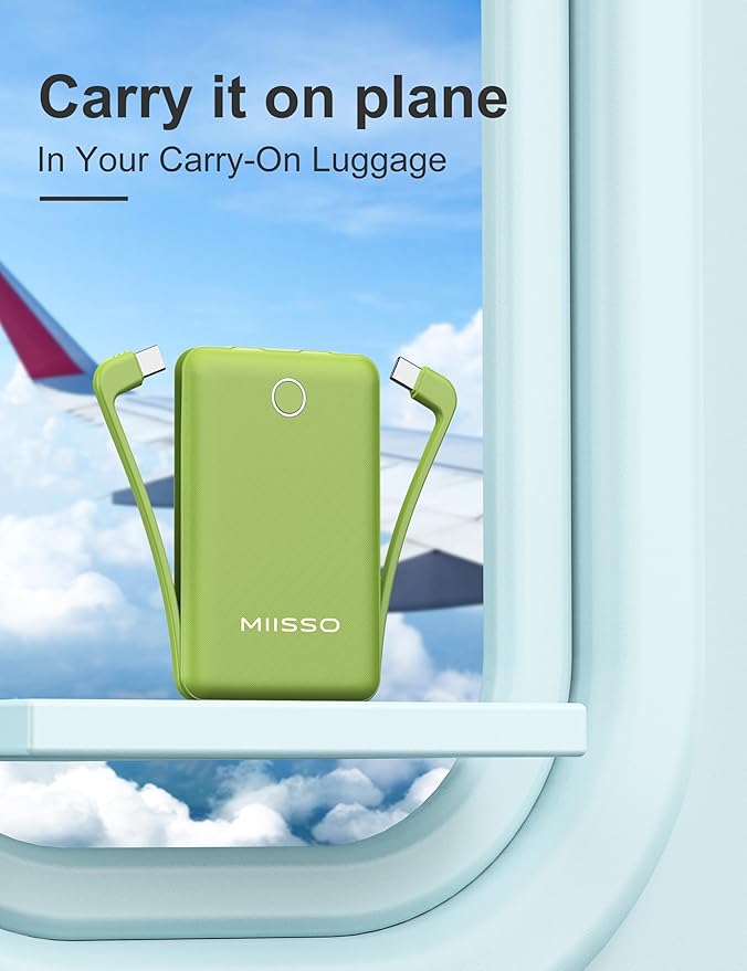 10000mAh Compatible with iPhone 15/16/17 (Only) Slim Portable Charger with Built in Cable, Power Bank Travel Charger External Battery Pack for Phone, 3 Output USB Type C Cord Clutch Charger, Green