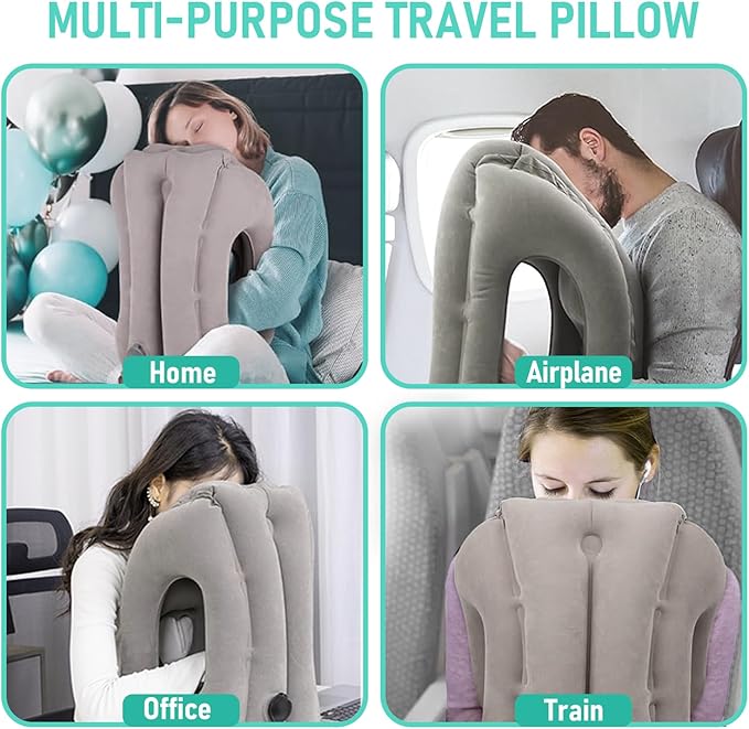Inflatable Travel Pillow for Airplanes, Airplane Pillow for Supports Neck, Used for Planes, Trains, Cars, Includes Storage Bag, Eye Mask & Earplugs (Grey)