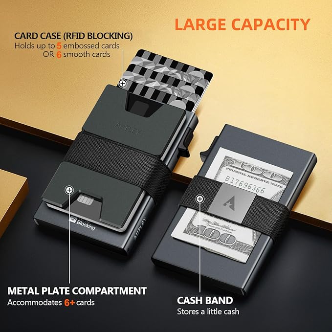 AUTLEY Slim Wallet for Men, RFID Blocking Mens Wallet, Pop Up Credit Card Holder Wallet with Cash Band (Grey)