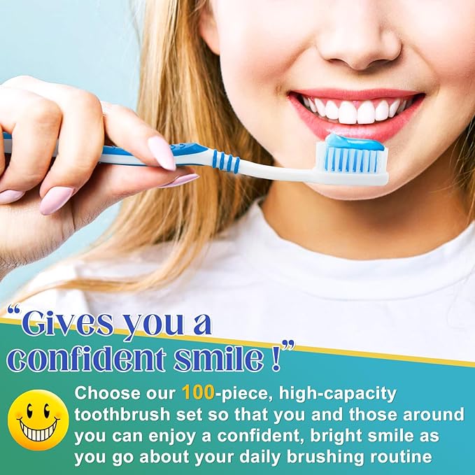 100 Pcs Toothbrush Bulk Disposable, Travel Toothbrushes Pack, Soft Bristle Individually Wrapped and Good Cleaning for Kids, Adult and The Elderly. Suitable for Hotel, Travel, Home, Donated