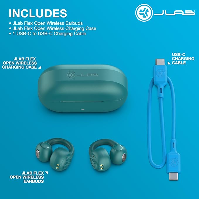 JLab Flex Open Earbuds, Clip-on Cuff Design, Wireless Open-Ear Audio Freedom Effortless Fit, Safe Listening, Bluetooth Multipoint, Customize with The App, Teal