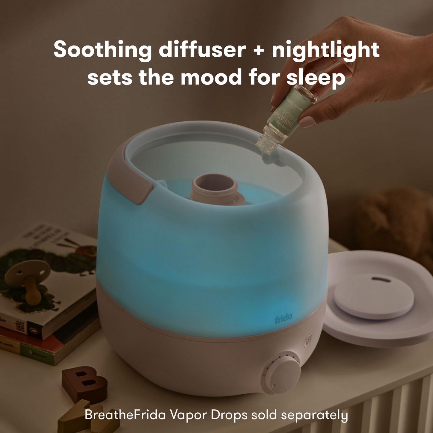 Frida Baby 3-in-1 Cool Mist Humidifier for Large Rooms, Top Fill Humidifier for Bedroom, Allergy Relief, 60 Hour Runtime + Nightlight, Auto Shut-Off, Quiet, Carry Handle, Essential Oil Diffuser