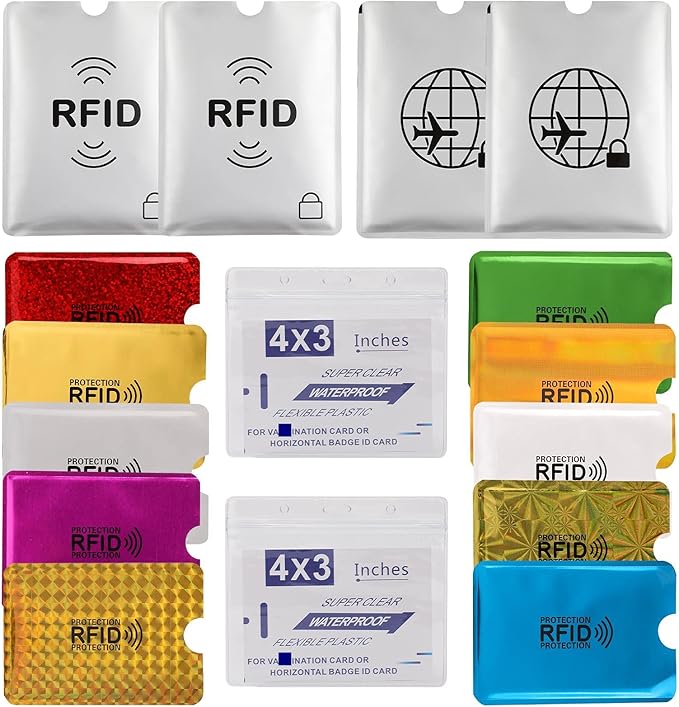 16 RFID Blocking Sleeves Set (10 Credit Card Holders & 4 Passport Protectors) Identity Theft Protection Secure Sleeves Set.Waterproof aluminum foil slim Design easily into your Wallet
