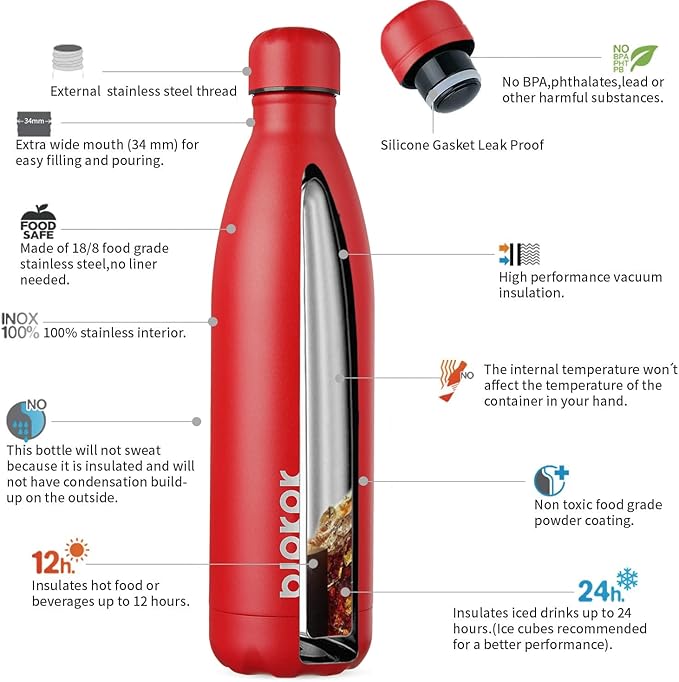 BJPKPK 25oz Insulated Stainless Steel Water Bottles Travel Sports Water Bottles for Travel, Red Cap