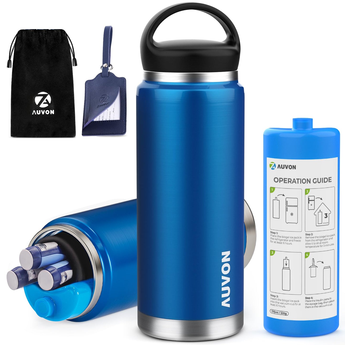AUVON Large Insulin Pen Cooler for 3-6 Pens with Medical Tag, TSA Approved Insulin Travel Cooler with Portable Handle, Diabetic Travel Case with Gel Ice Pack and Anti-freezing Drawstring Bag