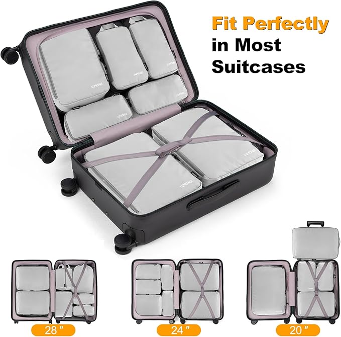 8 Set Compression Packing Cubes for Travel, Waterproof Luggage Organizers, Suitcase Organizer Set for Carry-On & Checked Baggage, Travel Accessories for Men & Women