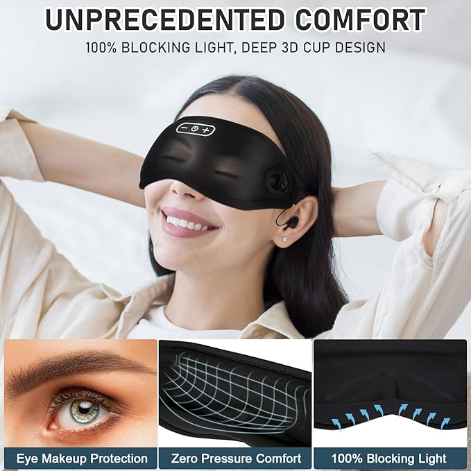 White Noise Sleep Mask, Breathable 3D Soft Eye Mask with Earplugs for Side Sleepers, Blackout 3D Contoured Eye Cover with Adjustable Strap for Women Men, no Bluetooth, no APP(Black)