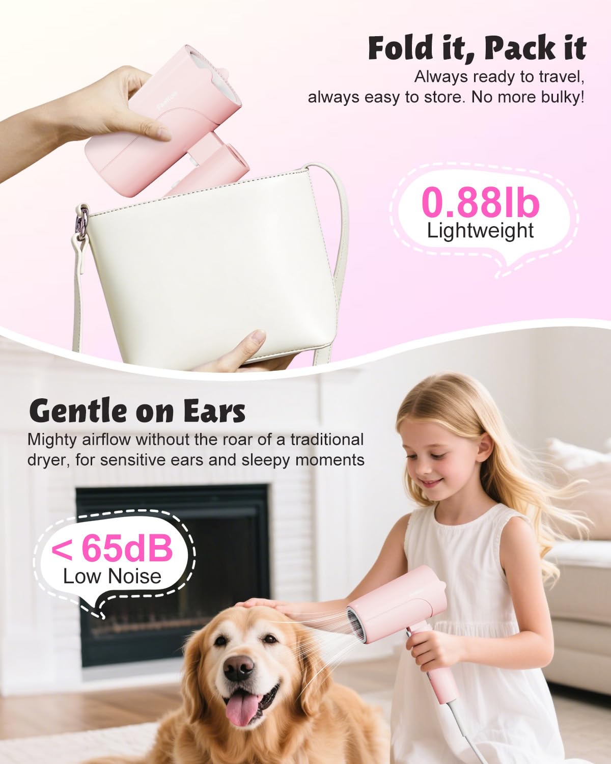 FeeKaa Foldable High Speed Kids Hair Dryer 100 Million Negative Ions, Mini Ionic Travel Kids Blow Dryer with Diffuser Concentrator Detangler Brush Hair Ties Cute Stickers, Compact, Lightweight, Quiet