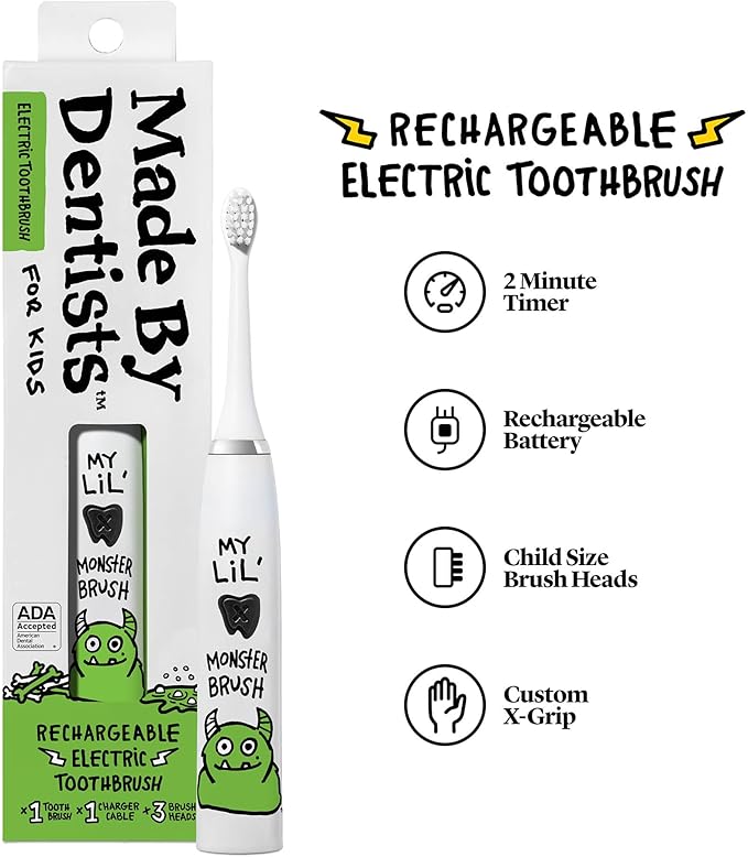 Kids Electric Toothbrush - Rechargeable Vibrating Toothbrush with Timer, Includes 6 Replacement Heads, Gently Cleans Teeth, for Girls and Boys, Kids & Toddlers Age 2+, Monster