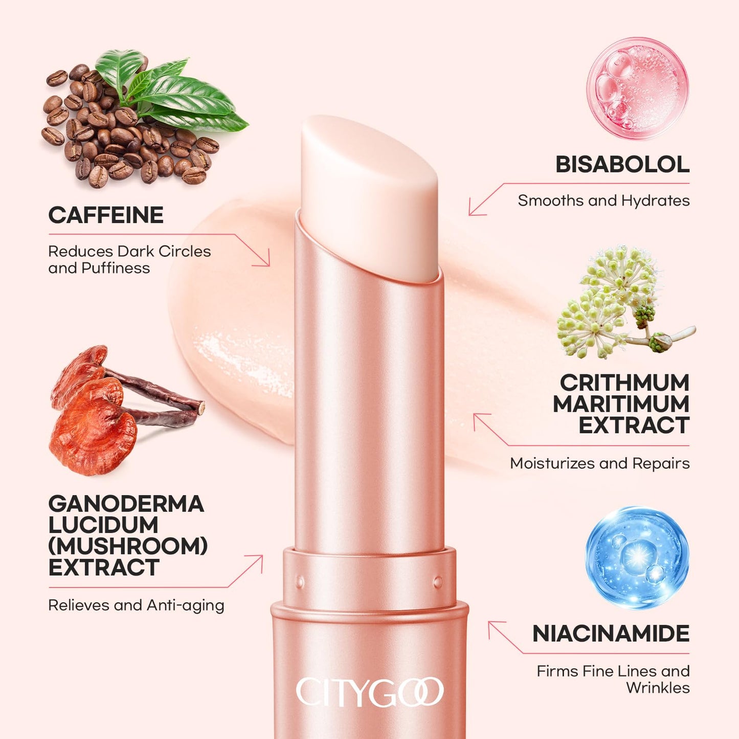 CITYGOO Caffeine Eye Cream Stick: Anti-Aging Firming & Moisturizing Balm for Dark Circles Puffiness & Eye Bags - Travel-friendly for Women (Pink)