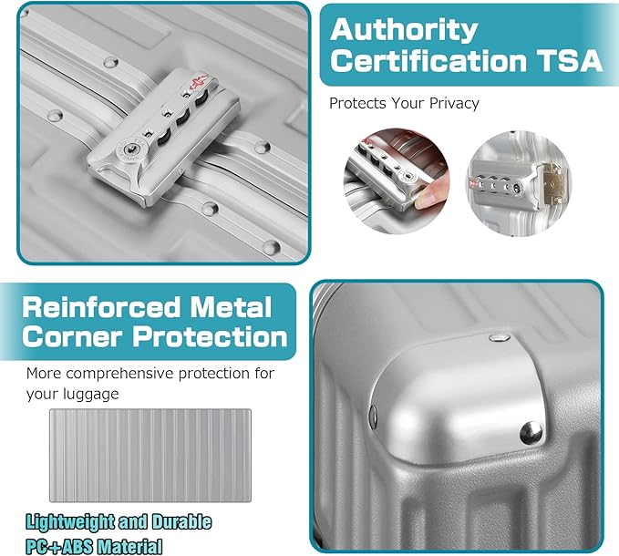 AnyZip Luggage Aluminium Frame Suitcase Hard Shell TSA Lock No Zipper 24In Silver