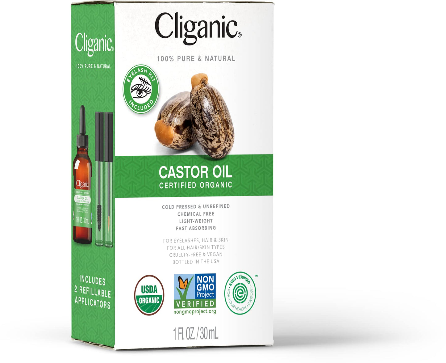 Cliganic Organic Castor Oil, 100% Pure (1oz Glass Bottle with Eyelash Kit) - For Eyelashes, Eyebrows, Hair & Skin