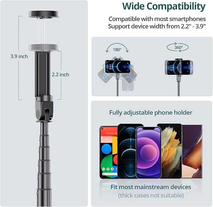 ATUMTEK 65" Selfie Stick Tripod, All in One Extendable Phone Tripod Stand with Bluetooth Remote 360° Rotation for iPhone and Android Phone Selfies, Video Recording, Vlogging, Live Streaming, Black