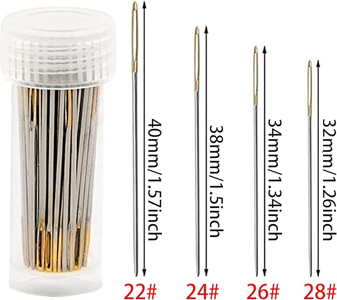 100pcs Cross Stitch Needles +2 Needle Threader Golden Color Large Eyes Cross Stitch DIY Embroidery Hand Needles Sewing Needles in Transparent Box (24#)