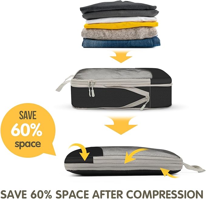 Compression Packing Cubes 8 Set, Dual Zipper Compression Packing Cubes for Travel, See-Through Mesh Packing Bags for Suitcases, packing cubes with shoe bag (Black)