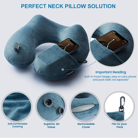 Keemall Inflatable Travel Neck Pillow for Airplane Sleeping Blow Up Neck Support Air Pillow Traveling on Plane Long Flights Washable
