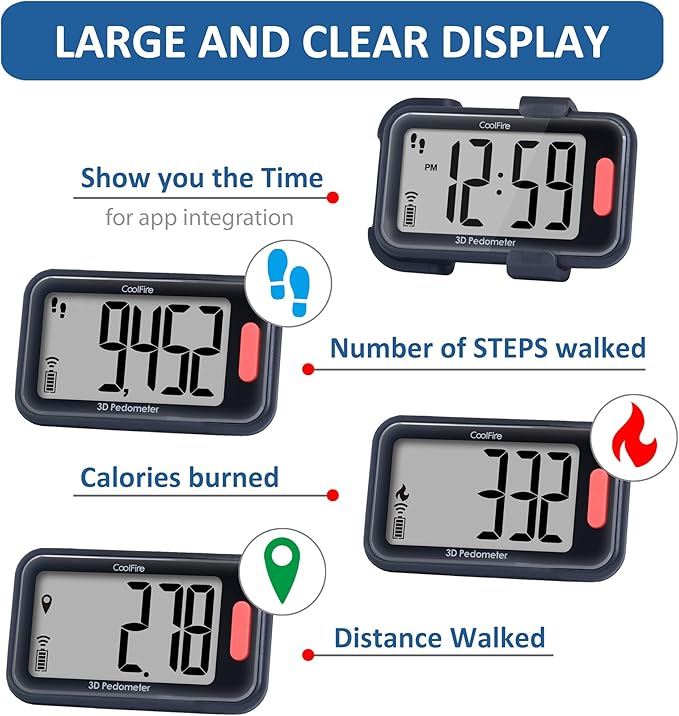 CoolFire - Pedometer, 2025 Indoor & Outdoor 3D Clip-On Pedometer, Accurate Step Counter for Walking Steps and Miles, Calories, Ankle Step Tracker for Fitness, Optional App