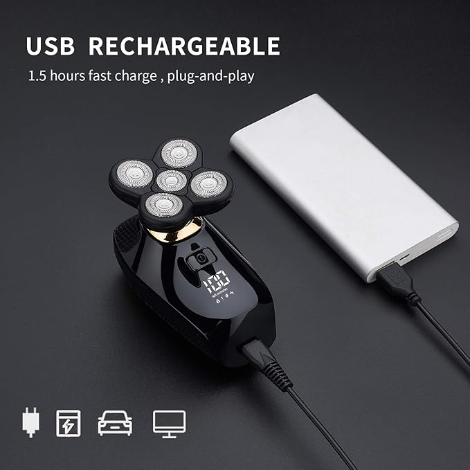 4 in 1 Electric Head Shaver Set - Bald Shaver, Wet & Dry, Cordless, with Nose & Ear Trimmer, Facial Cleansing, Rechargeable, IPX6 Waterproof