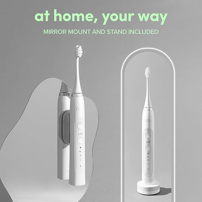 ARU Sonic Toothbrush Starter Kit with Customizable Modes and 2 Minute Timer, ADA-Approved Electric Toothbrush for Adults, Soft Toothbrush for Gums, 45+ Days Battery, Travel Case, Arctic White