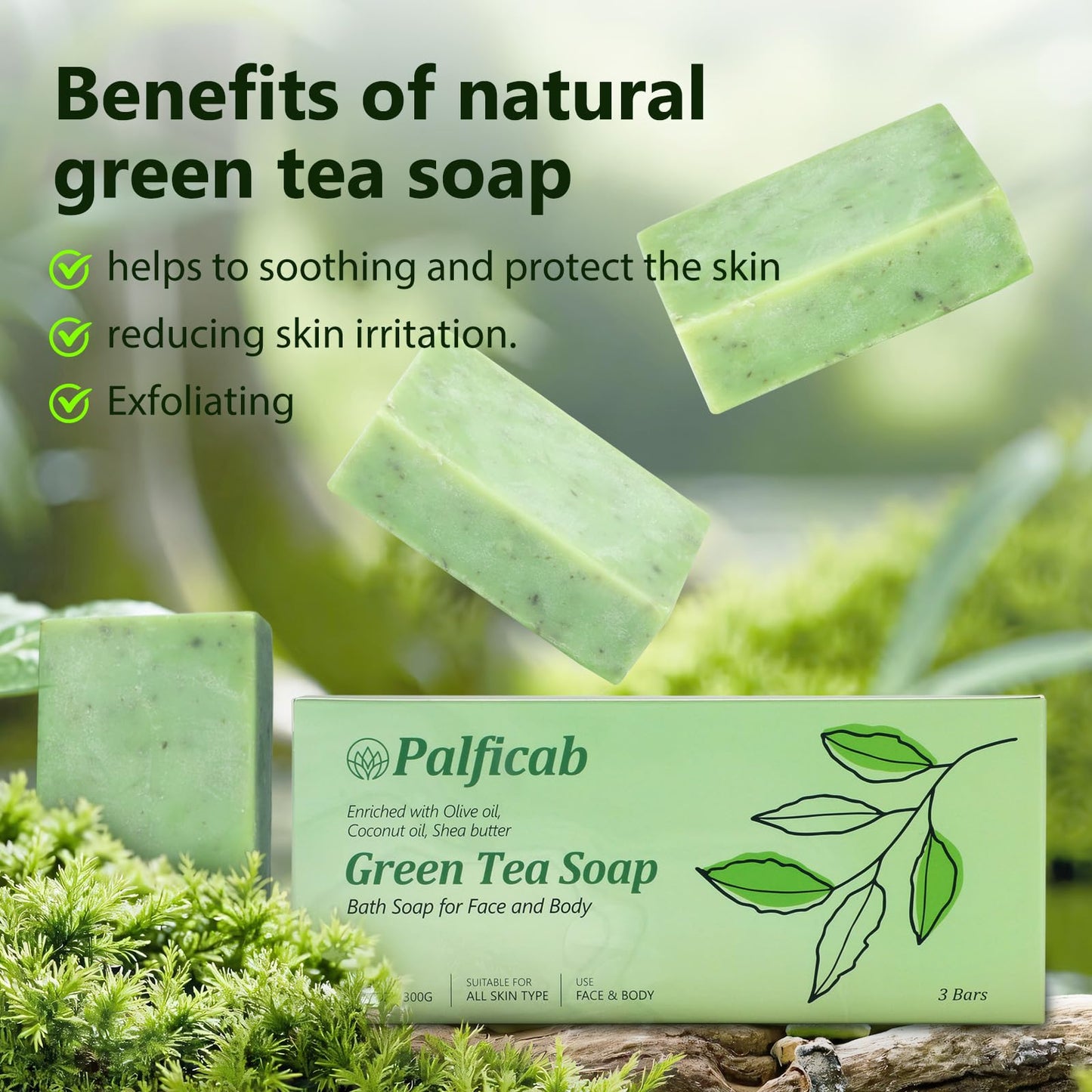 PALFICAB Green Tea Soap, Moisturizing Bath Soap Bars, Cruelty-Free, Gentle Exfoliating for Hydrating & Nourishing Skin with Green Tea Leaves, Coconut Oil, Shea Butter, Gifts for Women Men, 3 Bars