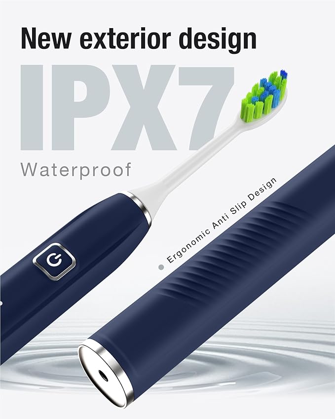7AM2M Sonic Electric Toothbrush with 6 Brush Heads for Adults&Kids, One Charge for 120 Days, Wireless Fast Charge, 5 Modes, 40000VPM Powered Toothbrush, 2 Minutes Built in Smart Timer (Navy Blue)