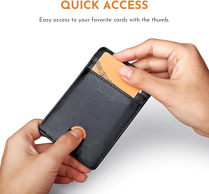 Buffway Mens Slim Wallet, Minimalist Thin Front Pocket Leather Credit Card Holder with RFID Blocking for Work Travel
