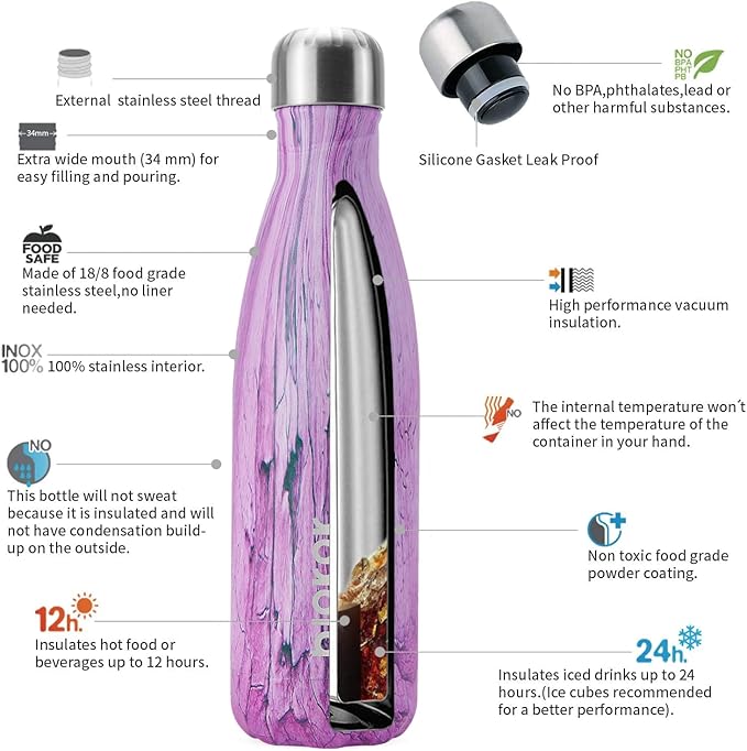 BJPKPK Pink Wood Graphics Stainless Steel Water Bottles,17 oz Metal Insulated Water Bottle, Reusable