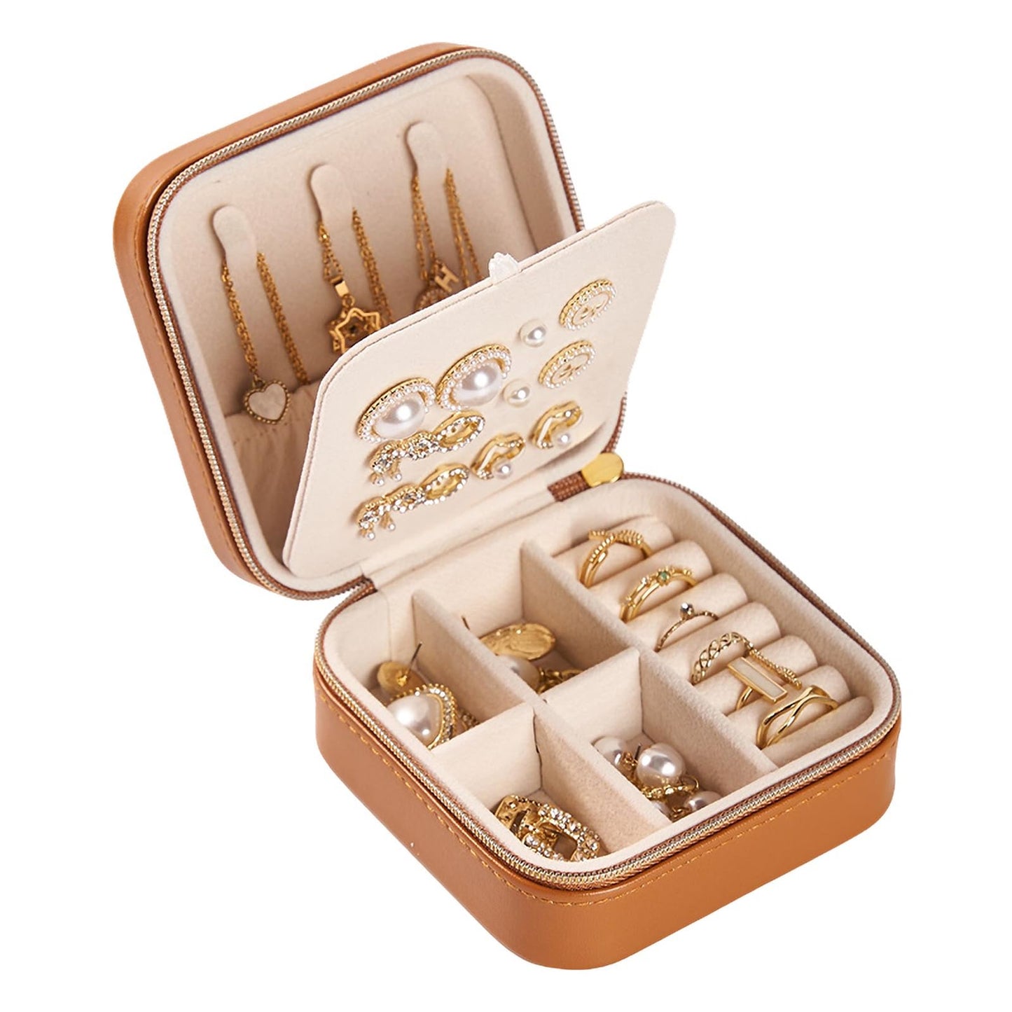 Travel Jewelry Box, PU Leather Small Jewelry Organizer for Women Girls, Portable Mini Travel Case Display Storage Holder Boxes for Stud Earrings, Rings, Necklaces (Brown)