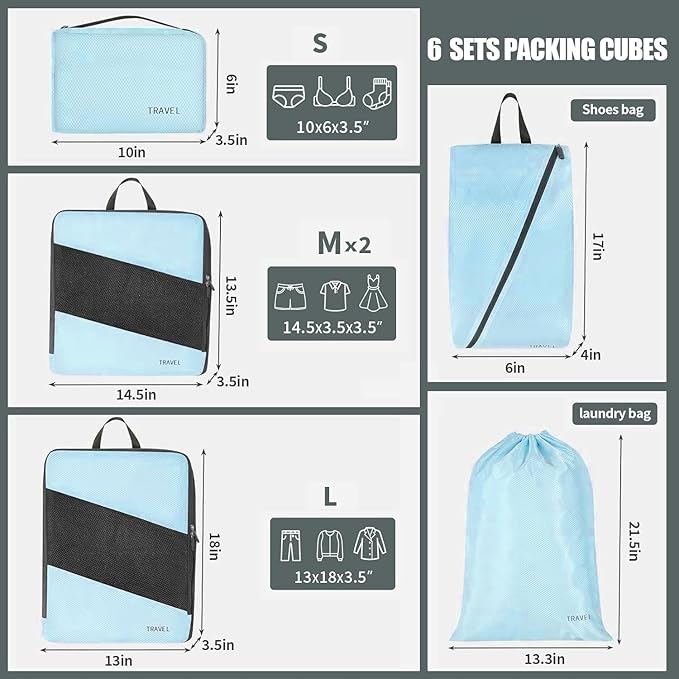 Compression Packing Cubes for Travel, Space Saving Vacation Travel Essentials, Travel Accessories for Suitcase Organizer Bags Set, Durable Luggage Organizer Travel Bags (sky-blue)