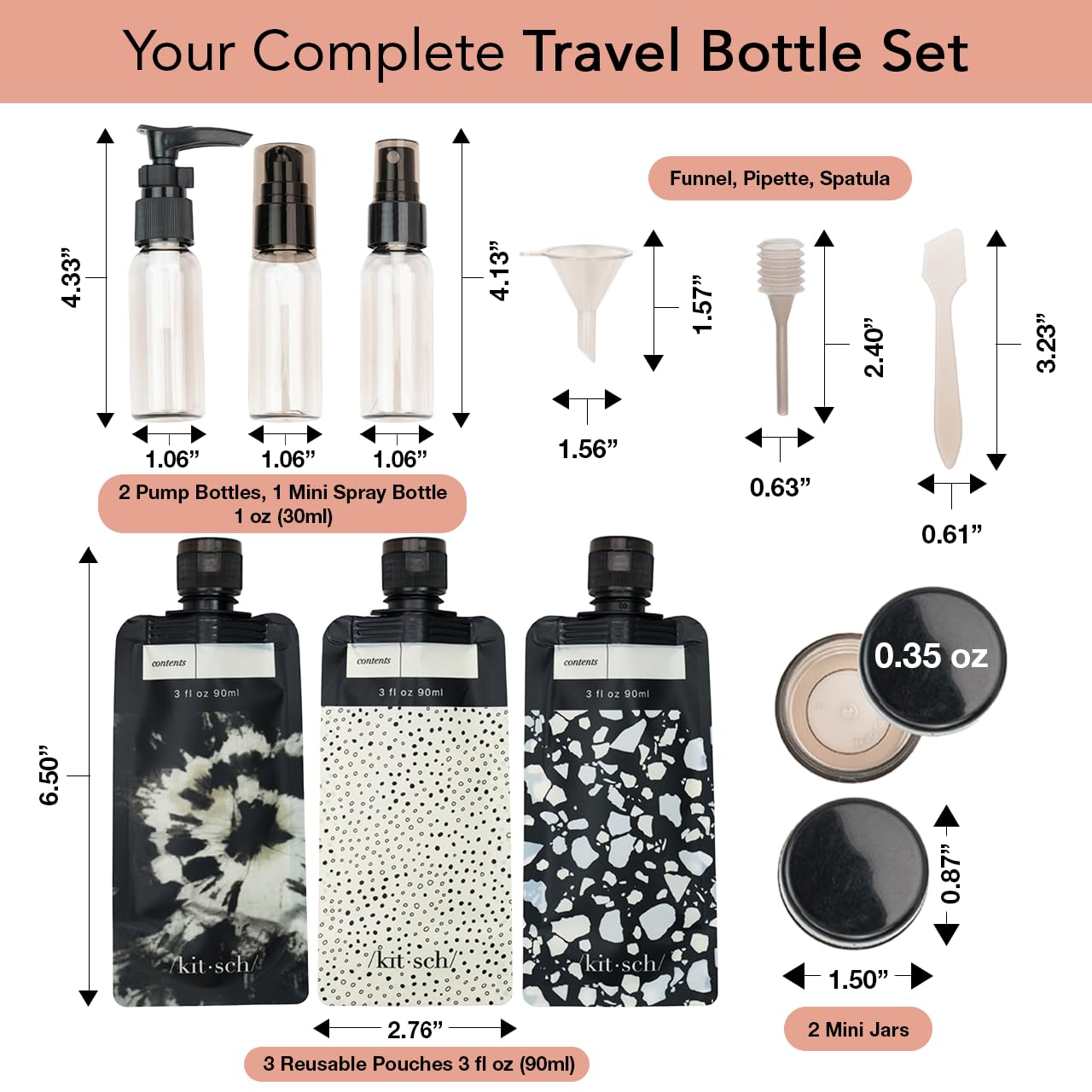 Kitsch 11 PCS Travel Bottles for Toiletries – Travel Essentials Kit for Shampoo, Conditioner, Lotion & More - TSA Approved Travel Bottles, Leak-Proof Refillable Travel Size Containers - Black & Ivory