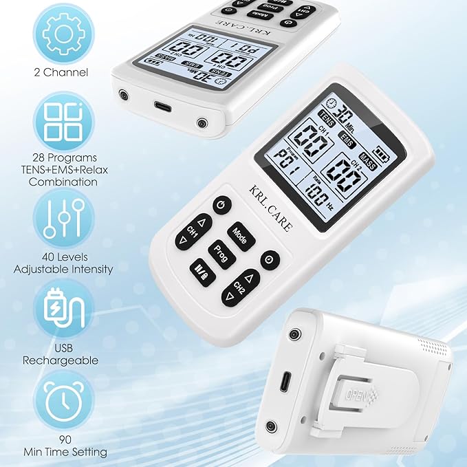 3-in-1 TENS Unit Muscle Stimulator, EMS Massage Machine with 40 Intensities for Gradual Shoulder, Sciatica, Back Pain Relief, Muscle Recovery, 28 Modes Portable Dual Channel with 8 Electrodes Pads