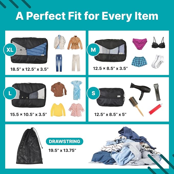 5 Piece Packing Cubes for Travel in Sizes (X-Large, Large, Medium, Small) by Pebbler | Organizers for Suitcases, Carry Ons, Duffle Bags, Backpacks, Moving | Bonus Laundry Bag