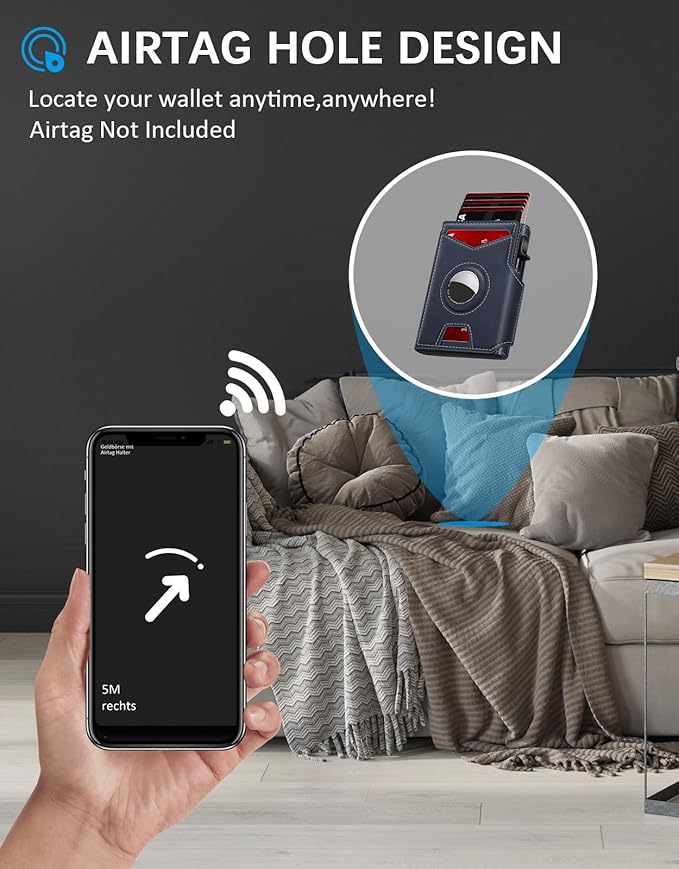 Airtag Wallet for Men, Minimalist Slim Mens Wallet Smart Pop Up Credit Card Holder for 9-13 Cards, RFID Blocking Wallet with ID Window & Cash Slot, Compact Bifold Metal Aluminum Card Case