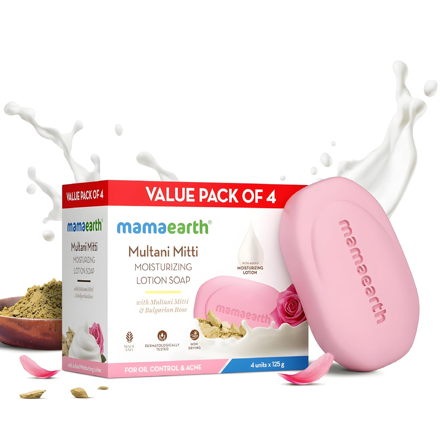 MAMAEARTH Multani Mitti & Rose Moisturizing Lotion Soap Bar | Controls Oil & Body Acne | Bentonite Clay Bar for Oil & Acne Free Skin | for Face & Body | 4 Bars (4.41 Oz/125g Each)