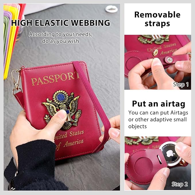 Cnycmy Passport Holder with Airtag,Passport-Wallet-Holder for Women, RFID Passport Holder with Slot Waterproof, PU Leather Travel Passport Case (wine red1)