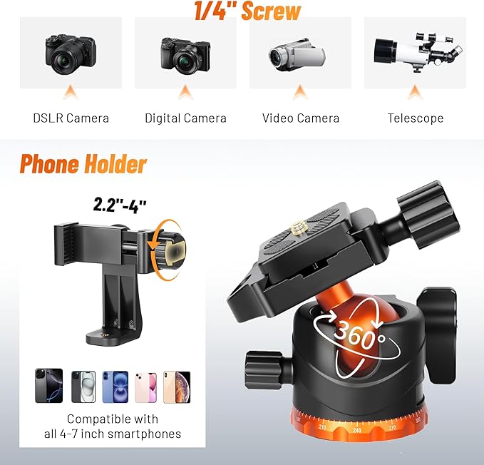 JOILCAN 66" Camera Tripod, Travel Tripod for Camera with 360° Ball Head & Phone Holder, Lightweight Compact Tripod for DSLR/Smartphone Photography, Max Load 22lbs